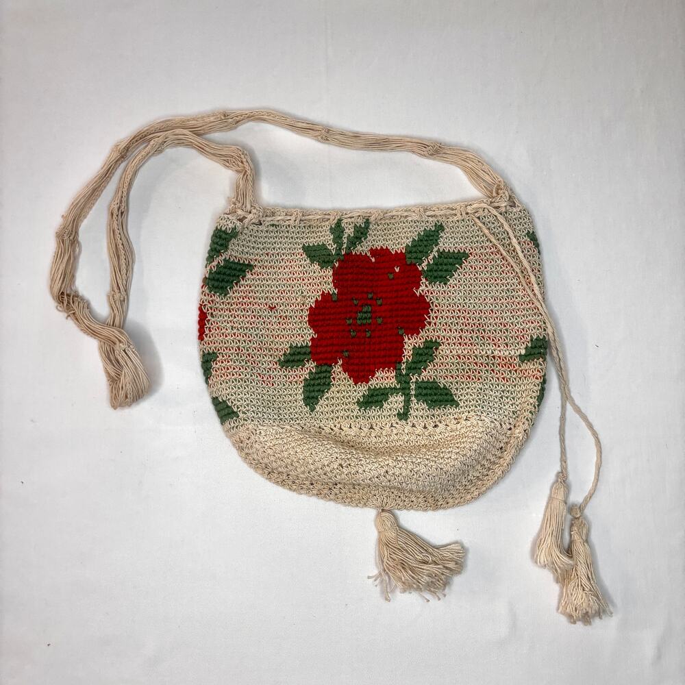 Antique 1920s Macrame Crochet Drawstring Purse Orange Flower Crossbody Tassels